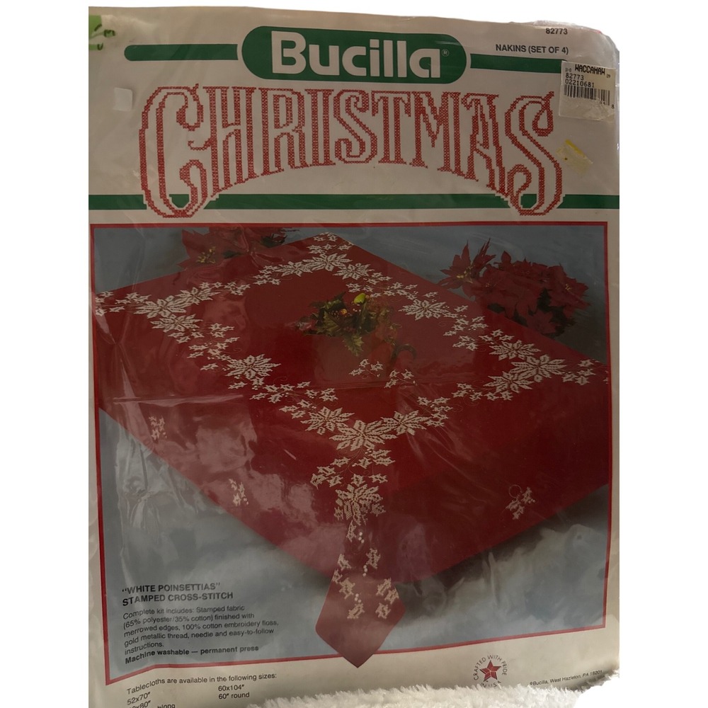 Vintage Bucilla NOS Christmas Poinsettias Cross Stitch Kit Napkins Set of‎ 4 NWT